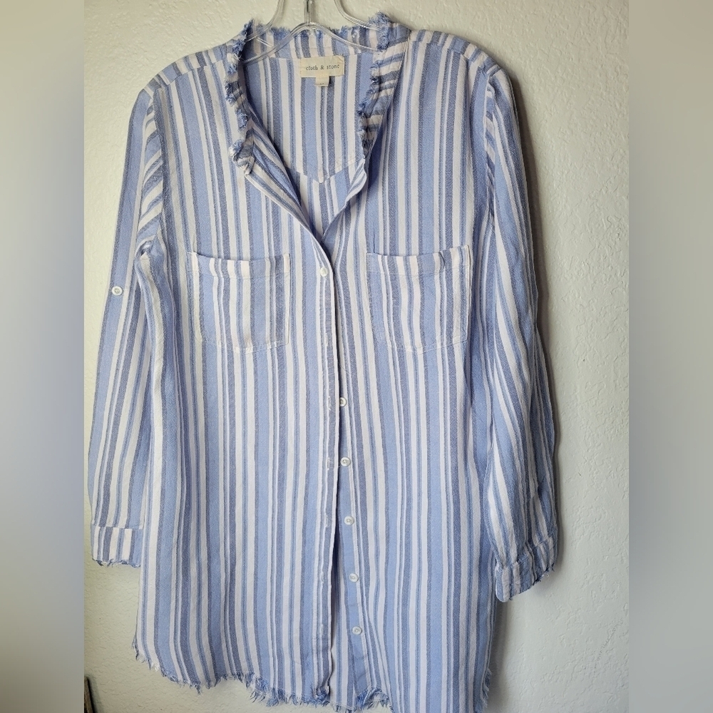 Cloth & Stone Blue and White Striped Button-Up Tunic Shirt Size M